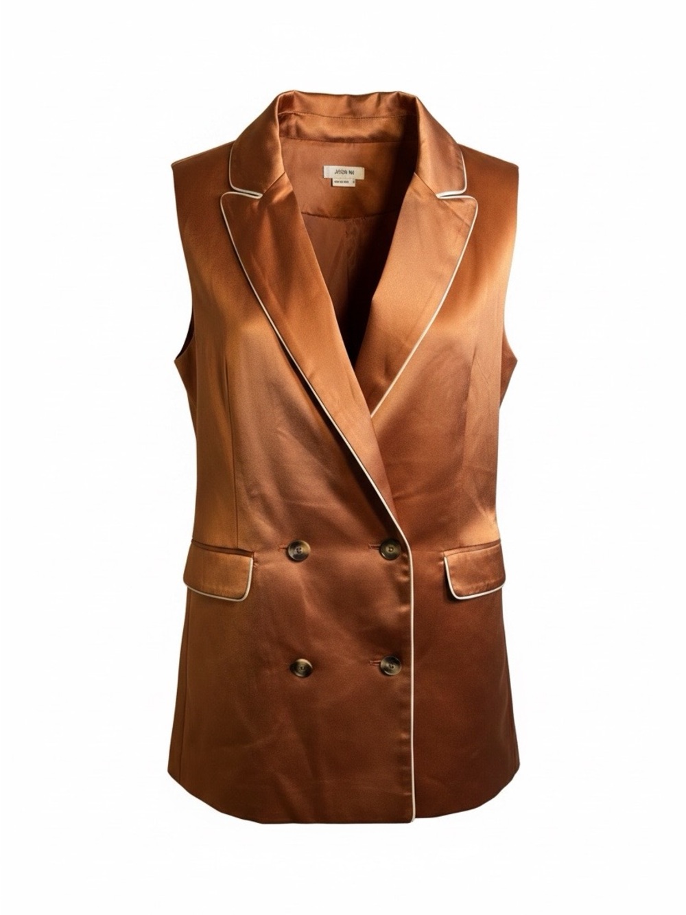 Jason Wu Copper Satin Double-Breasted Sleeveless Vest with Contrast Piping